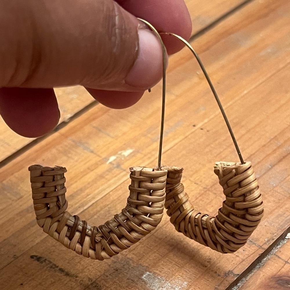 Rattan Earrings Wicker Straw Boho Bohemian Hippie Hipster Pierced Beachy